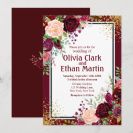 Bourgogne Bloemen met Gouden Glitter Confetti Kaart