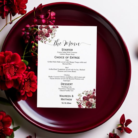 Bourgogne Bloemen Modern Script 5x7'' Trouwmenu Menu