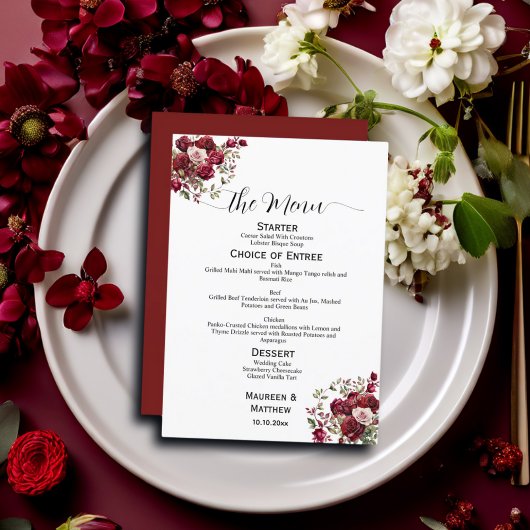 Bourgogne Bloemen Modern Script 5x7'' Trouwmenu Menu