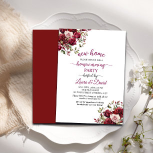 Bourgogne Bloemen Modern Script Housewarming Party Kaart