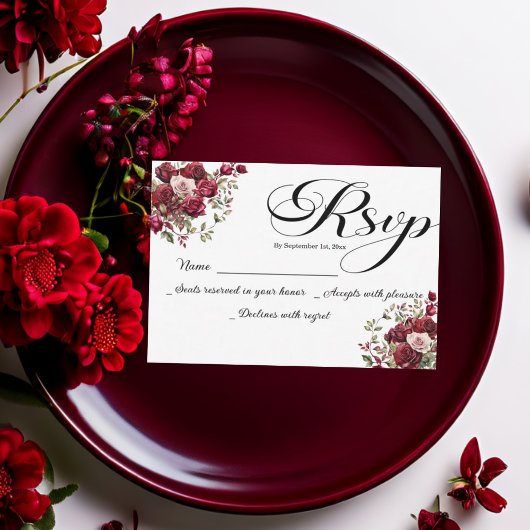 Bourgogne Bloemen Modern Script Trouwen RSVP Kaart