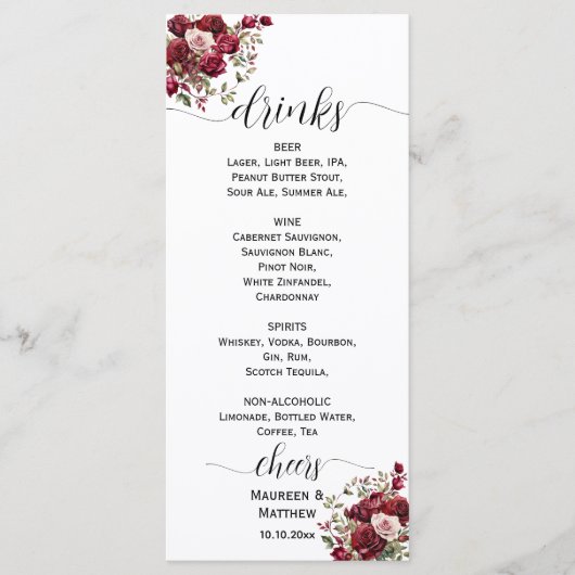 Bourgogne Bloemen Modern Script Wedding Bar Menu (Voorkant)