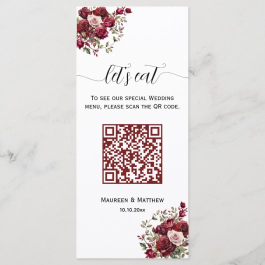 Bourgogne Bloemen Moderne QR Code 4x9'' Trouwmenu Menu (Voorkant)