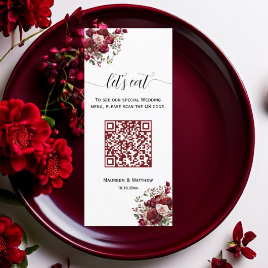 Bourgogne Bloemen Moderne QR Code 4x9'' Trouwmenu Menu