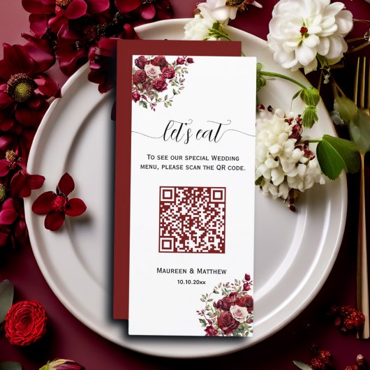 Bourgogne Bloemen Moderne QR Code 4x9'' Trouwmenu Menu