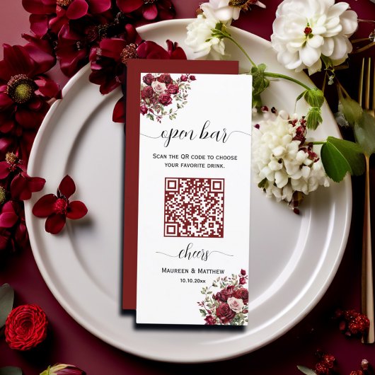 Bourgogne Bloemen Moderne QR Code Huwelijk Open Ba Menu