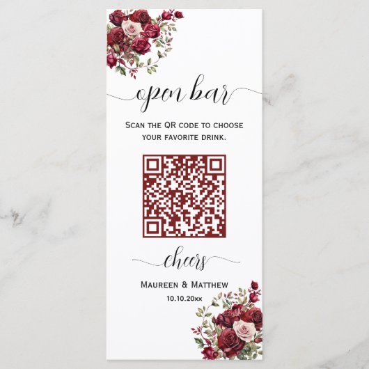Bourgogne Bloemen Moderne QR Code Huwelijk Open Ba Menu (Voorkant)