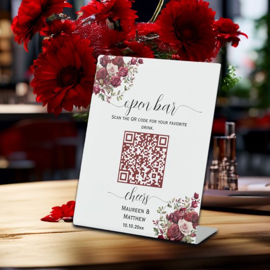 Bourgogne Bloemen Moderne QR Code Huwelijk Open Ba Reclamebord Met Voetstuk