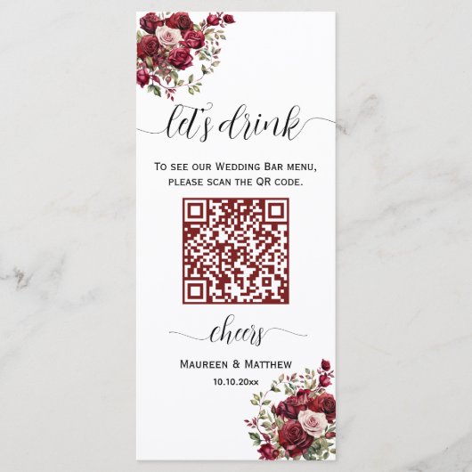 Bourgogne Bloemen Moderne QR Code Trouwbar Menu (Voorkant)