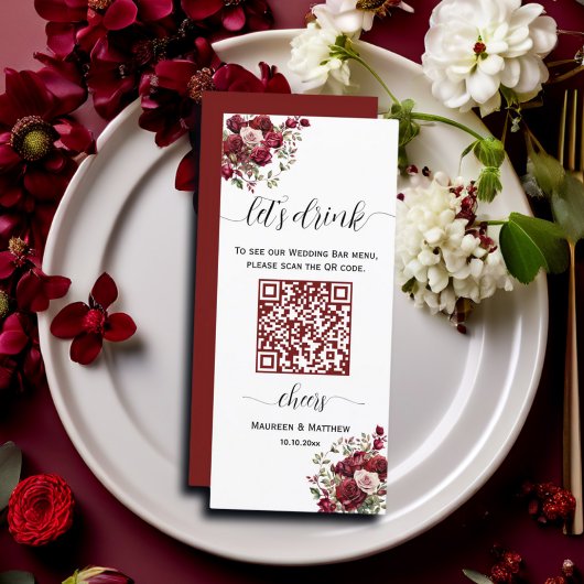 Bourgogne Bloemen Moderne QR Code Trouwbar Menu