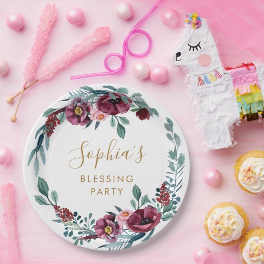 Bourgogne Bloemen Moeder's Zegen Partij Custom Papieren Bordje (Feest)