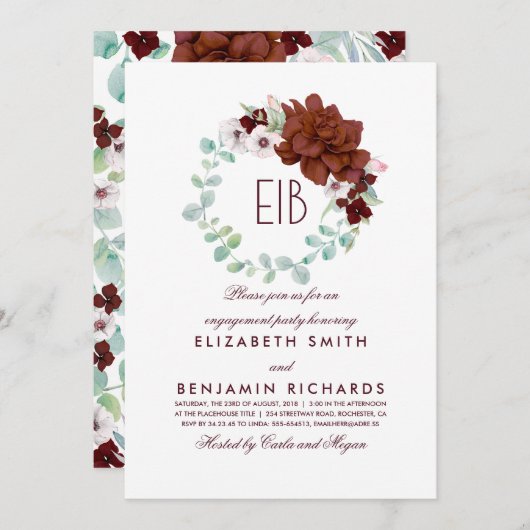 Bourgogne Bloemen Monogram Elegant Engagement Part Kaart (Voorkant / Achterkant)