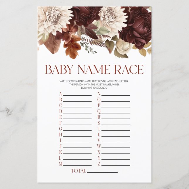 Bourgogne Bloemen Naam Race Baby shower Game (Voorkant)
