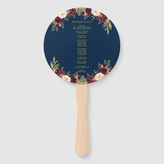 Bourgogne Bloemen Navy Blauw Goud Bruiloft Program Handwaaier (Achterkant)