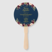 Bourgogne Bloemen Navy Blauw Goud Bruiloft Program Handwaaier (Voorkant)
