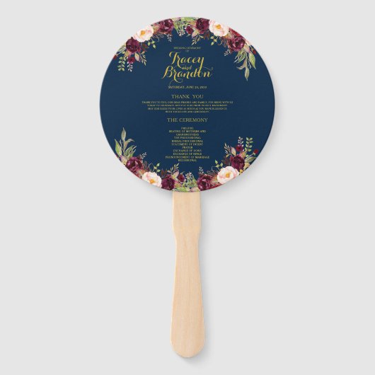 Bourgogne Bloemen Navy Blauw Goud Bruiloft Program Handwaaier (Voorkant)