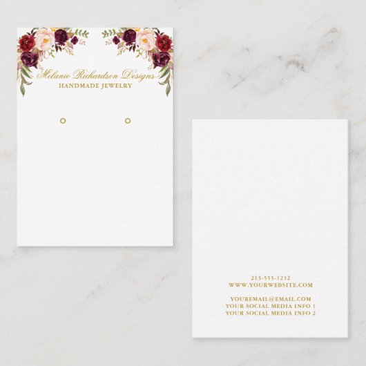 Bourgogne Bloemen Oorbel Display Goud Visitekaartje (Voorkant / Achterkant)