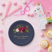 Bourgogne Bloemen op Navy Blue Papieren Bordje (Feest)