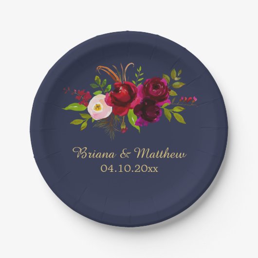 Bourgogne Bloemen op Navy Blue Papieren Bordje (Voorkant)