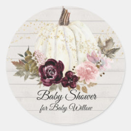 Bourgogne Bloemen Pompoen Goud Houten Baby shower Ronde Sticker