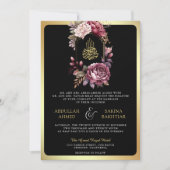 Bourgogne Bloemen QR code Zwart Goud Moslim Bruilo Kaart (Voorkant)
