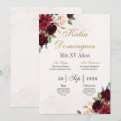 Bourgogne Bloemen Quinceanera uitnodiging (Voorkant / Achterkant)