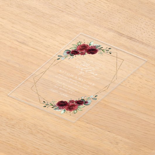 Bourgogne bloemen, rode bloemen, Florale bruiloft Acryl Uitnodigingen (Laagn)
