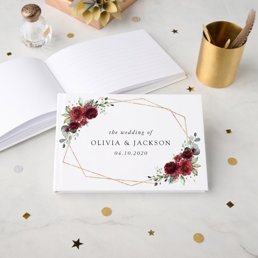 Bourgogne bloemen, rode bloemen, Florale bruiloft Gastenboek (Voorkant open)