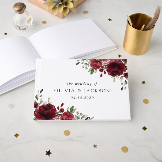 Bourgogne bloemen, rode bloemen, Florale bruiloft Gastenboek (Voorkant open)