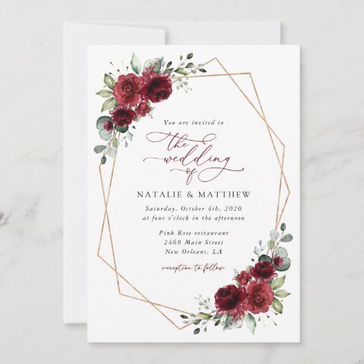 Bourgogne bloemen, rode bloemen, Florale bruiloft Kaart (Voorkant)