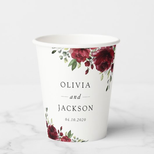 Bourgogne bloemen, rode bloemen, Florale bruiloft Papieren Bekers (Voorkant)