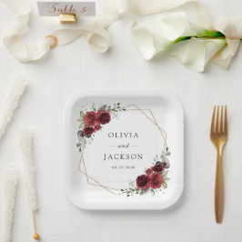Bourgogne bloemen, rode bloemen, Florale bruiloft Papieren Bordje