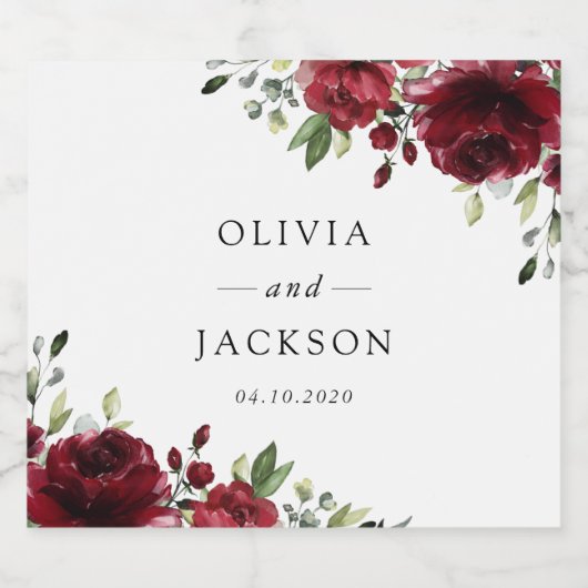 Bourgogne bloemen, rode bloemen, Florale bruiloft Sparkling Wijnetiket (Enkel label)