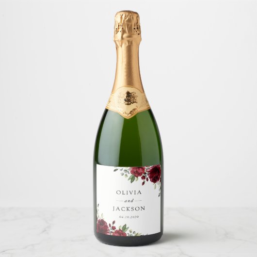 Bourgogne bloemen, rode bloemen, Florale bruiloft Sparkling Wijnetiket (Voorkant)