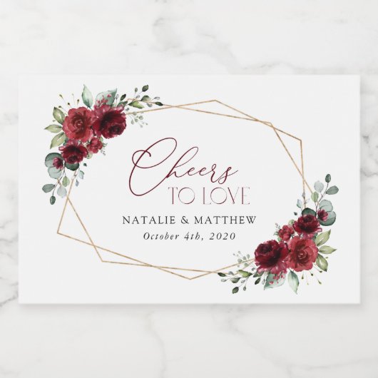 Bourgogne bloemen, rode bloemen, Florale bruiloft Sparkling Wijnetiket (Enkel label)