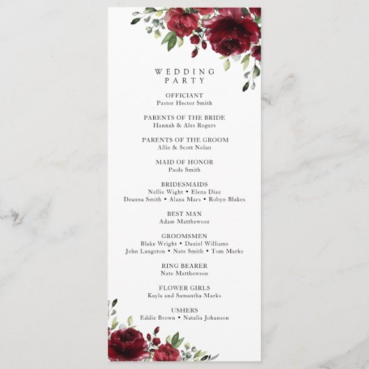 Bourgogne bloemen, rode bloemen, weddenschapsprogr programmakaart (Achterkant)