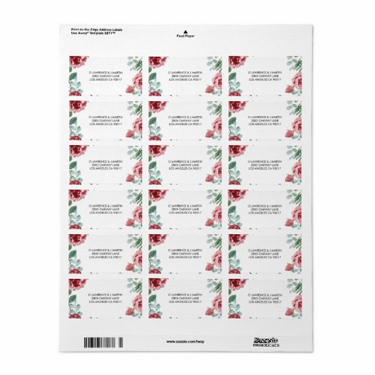 Bourgogne Bloemen Roos Foliage Bruiloft Etiket (Full Sheet)