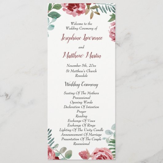 Bourgogne Bloemen Roos Foliage Trouwprogramma's Programmakaart (Voorkant)