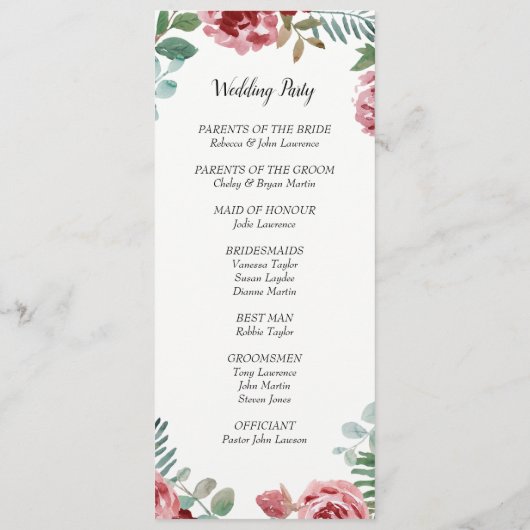 Bourgogne Bloemen Roos Foliage Trouwprogramma's Programmakaart (Achterkant)