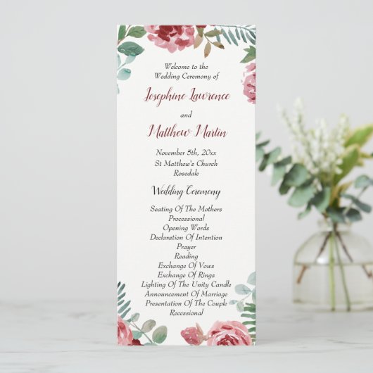 Bourgogne Bloemen Roos Foliage Trouwprogramma's Programmakaart (Staand voorkant)