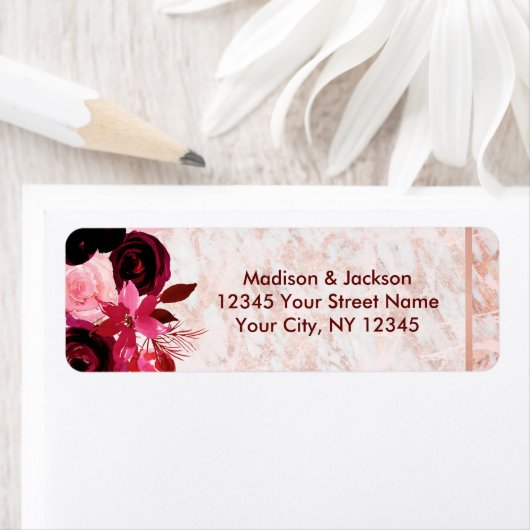 Bourgogne Bloemen & Roos Goud Bruiloft Retouradres Etiket (Insitu)