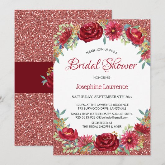 Bourgogne Bloemen Roos Goud Glitter Vrijgezellenfe Kaart (Voorkant / Achterkant)