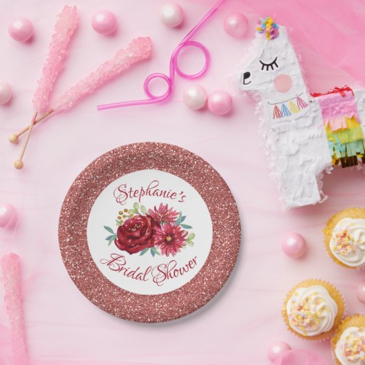 Bourgogne Bloemen Roos Goud Glitter Vrijgezellenfe Papieren Bordje (Feest)