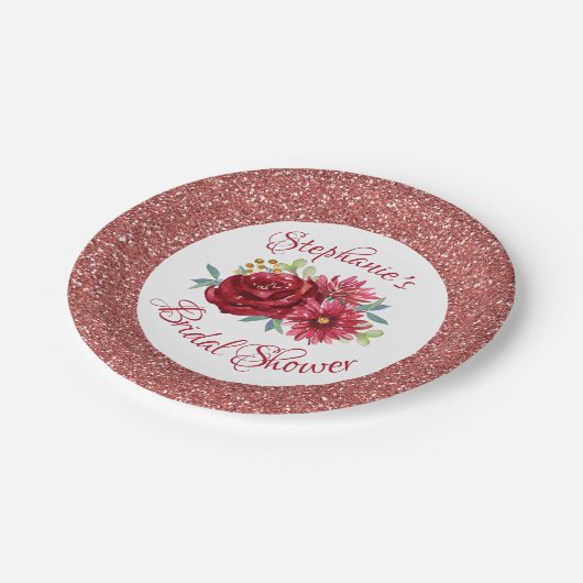 Bourgogne Bloemen Roos Goud Glitter Vrijgezellenfe Papieren Bordje (Gekanteld)