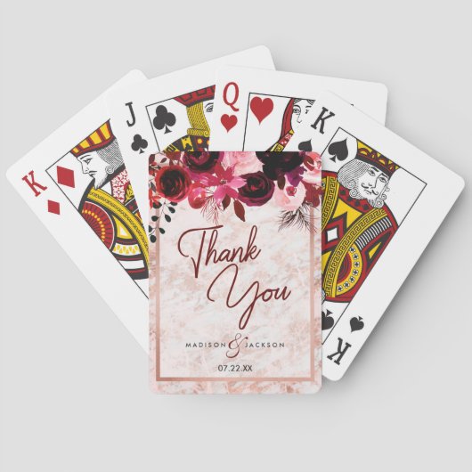 Bourgogne Bloemen Roos Goud Marmer Bruiloft Dank u Speelkaarten (Achterkant)