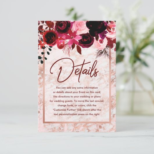 Bourgogne Bloemen & Roos Goud Marmer Bruiloft Deta Informatiekaartje (Staand voorkant)