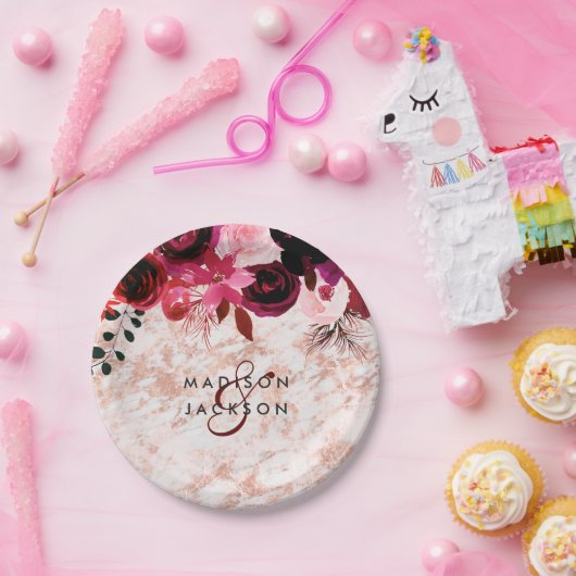 Bourgogne Bloemen Roos Goud Marmer Bruiloft Monogr Papieren Bordje (Feest)