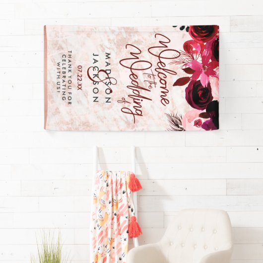 Bourgogne Bloemen & Roos Goud Marmer Bruiloft Welk Spandoek (Insitu)