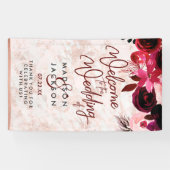 Bourgogne Bloemen & Roos Goud Marmer Bruiloft Welk Spandoek (Horizontaal)