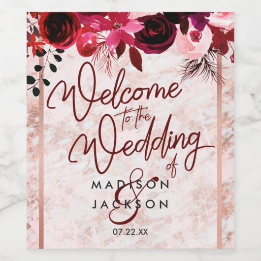 Bourgogne Bloemen & Roos Goud Marmer Bruiloft Welk Wijn Etiket (Enkel label)